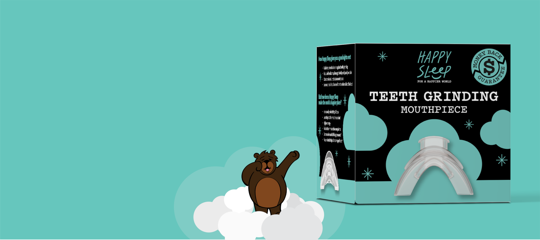 Cartoon bear waking up next to box for Happy Sleep Night Guard