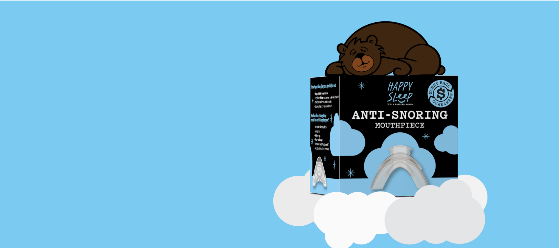 Cartoon bear sleeping on box of Happy Sleep Anti-Snoring mouthpiece