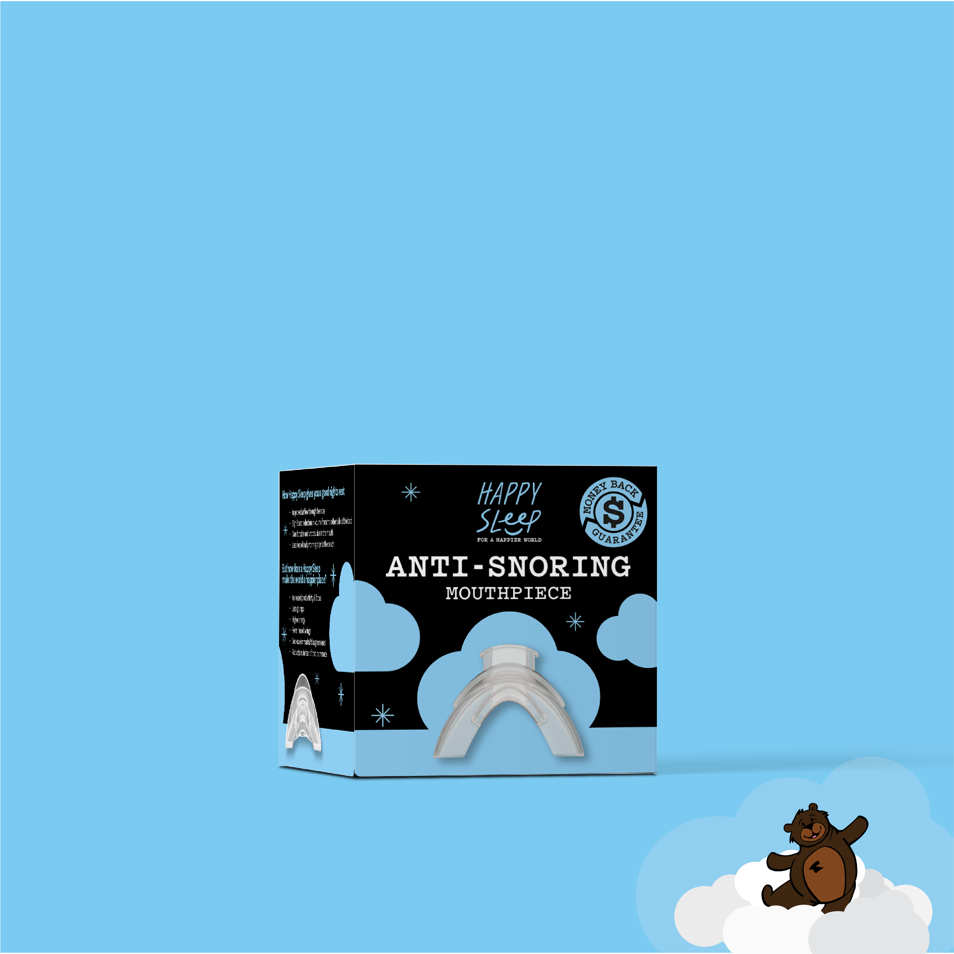 Cartoon bear waking up next to box of Happy Sleep Anti-Snoring Mouthpiece on blue background