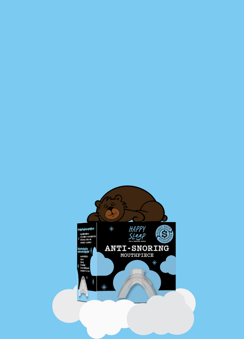 Cartoon bear sleeping on box of Happy Sleep Anti-Snoring mouthpiece