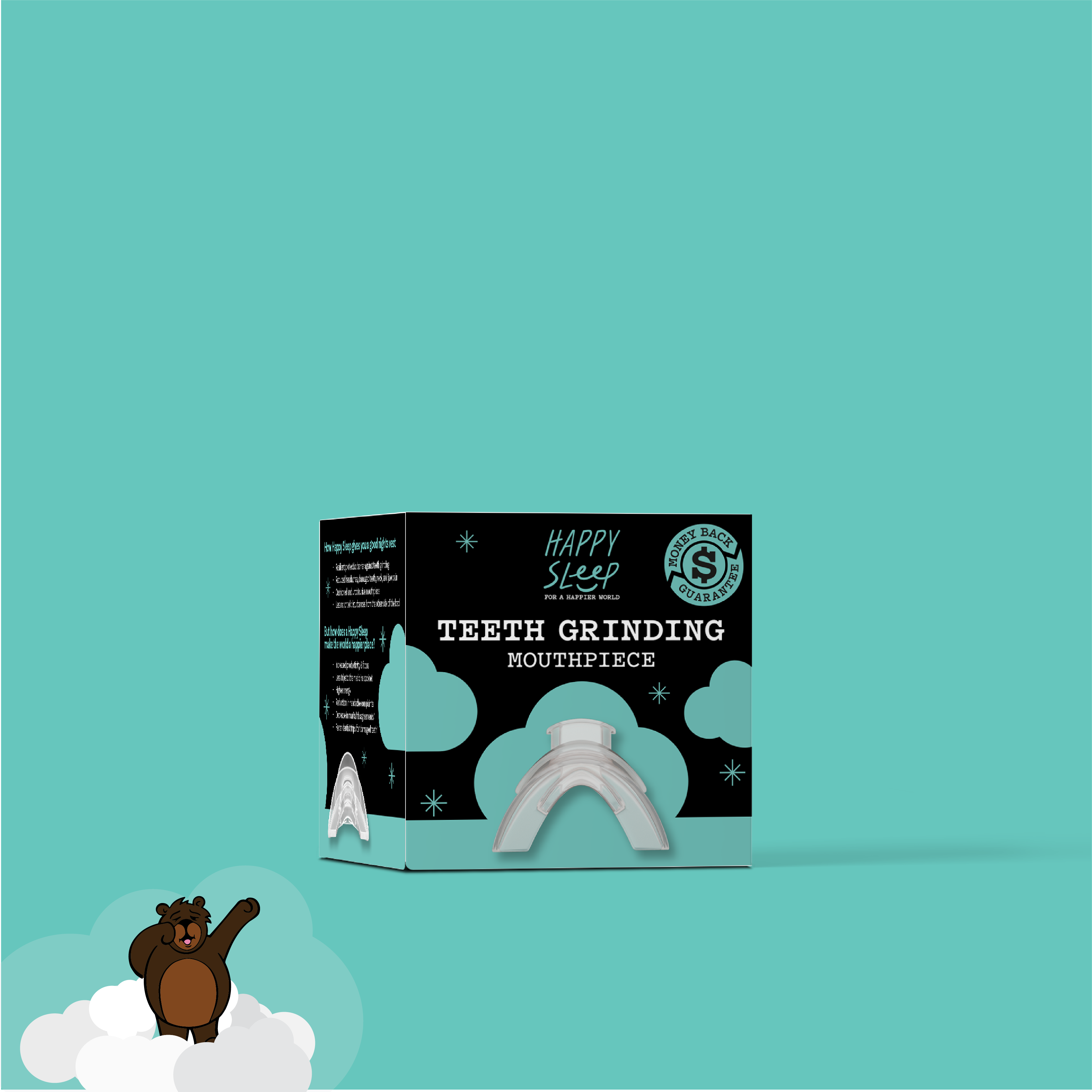 Cartoon bear waking up next to box for Happy Sleep Night Guard