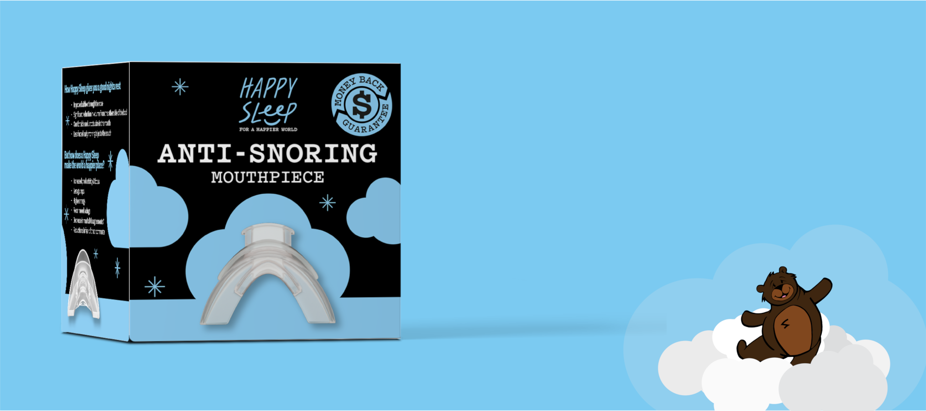 Cartoon bear waking up next to box of Happy Sleep Anti-Snoring Mouthpiece