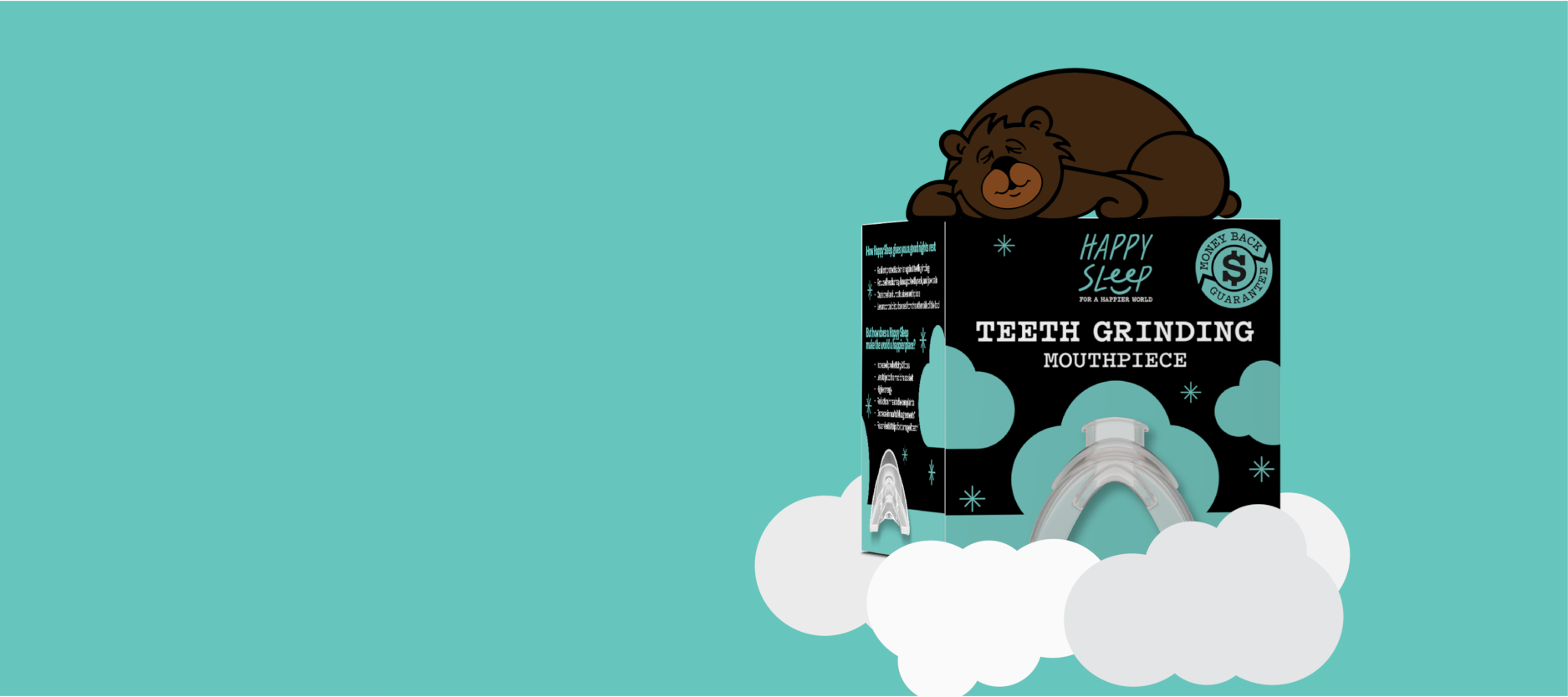Cartoon bear sleeping on box of Happy Sleep Teeth Grinding Night Guard